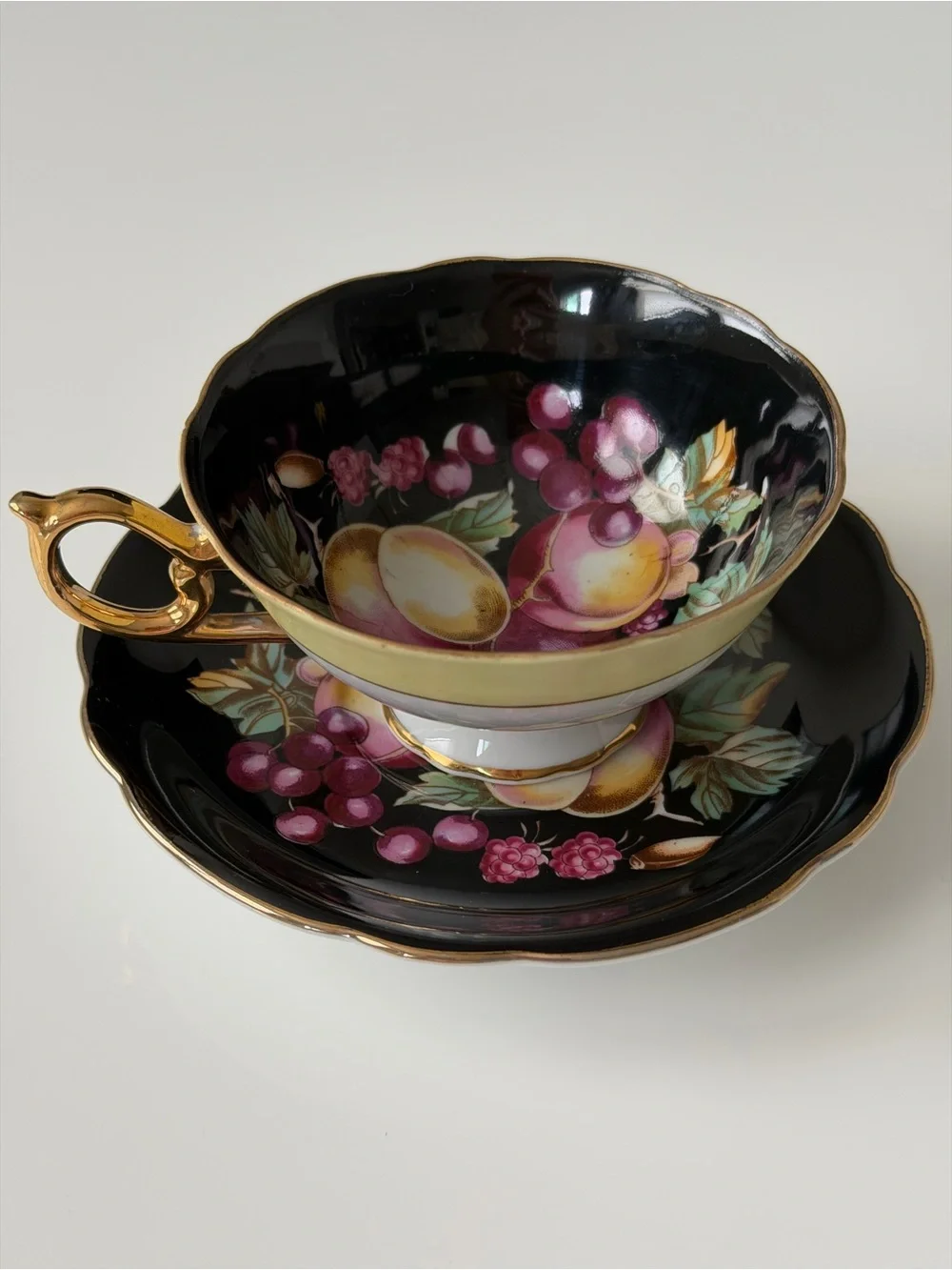 Japan Royal Sealy Vintage Porcelain Black & Gold Fruit Motif Teacup & Saucer Set
